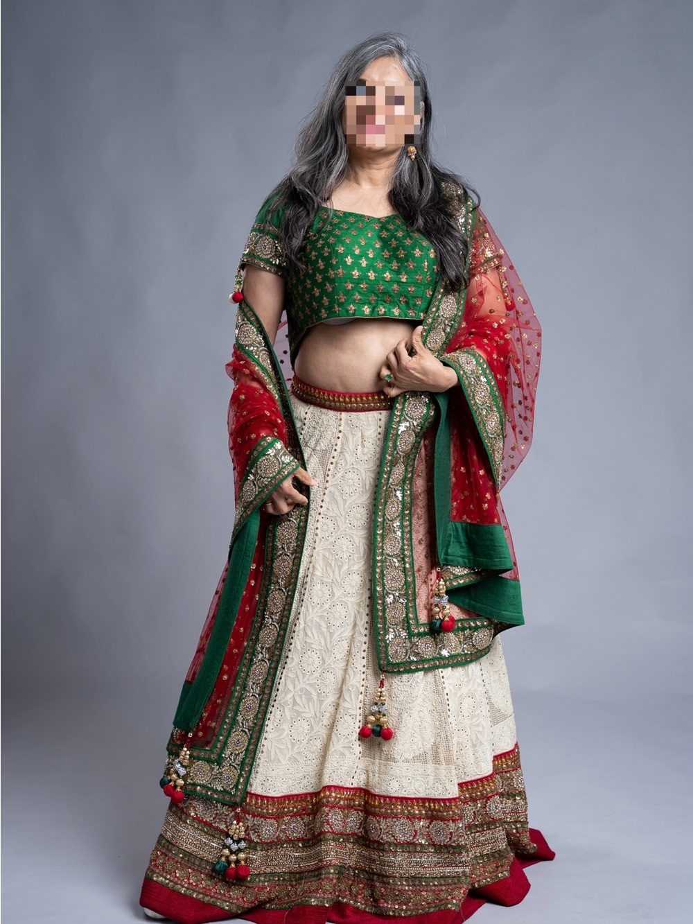 Green & Cream designer Embroidered A-Line Lehenga with Red Dupatta by